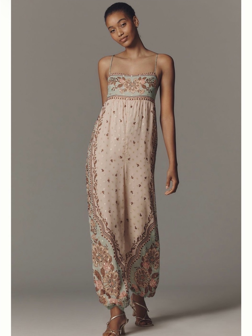 Anthropologie Blush Pink & Mint Embroidered Spaghetti-Strap Jumpsuit